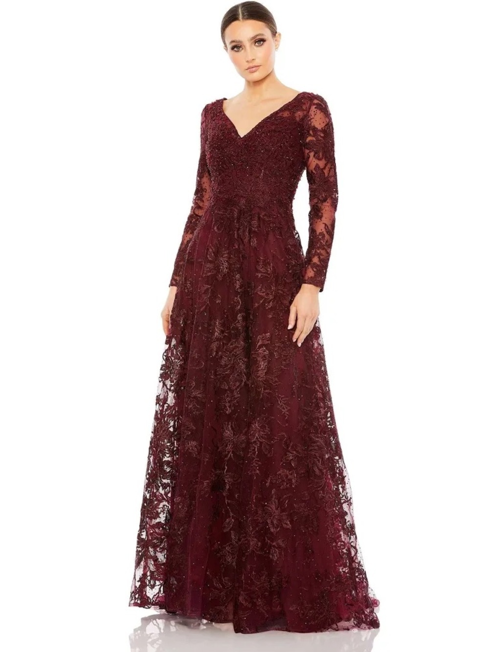 Mac Duggal Burgundy Long-Sleeve Lace Evening Gown